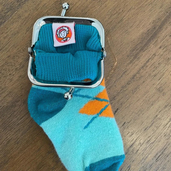 Miniature Baby Sock Change Purse Conversation Piece Blue-green and Orange GUC - Picture 7 of 7